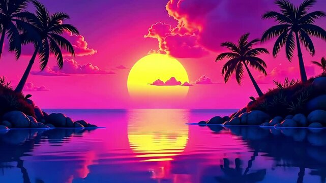 Purple sunset over ocean, tropical island with palm trees. Cartoon vector style landscape. Relaxing atmosphere and positive vibes, wallpaper and background