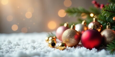 Obraz premium Festive Sparkling Ornaments Resting on a Snowy Surface with a Soft Bokeh Background