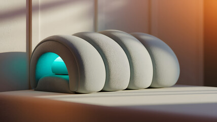  A futuristic meditation device featuring soft cushions and a glowing orb, enhancing relaxation and mindfulness in a serene environment.