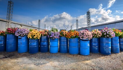 a row of blue barrels adorned with vibrant flowers nature s beauty against an industrial background