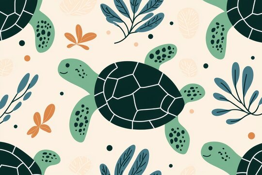 A whimsical pattern featuring cheerful turtles surrounded by leaves and flowers on a soft, textured background.