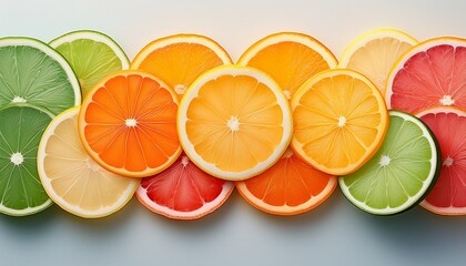 Fototapeta premium vibrant colorful citrus slices arranged in a gradient on a light background ideal for food related themes healthy eating or summer promotions