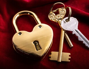 gold heart lock and keys on red velvet