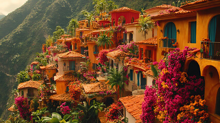 Obraz premium Vibrant hillside town nestled in lush greenery