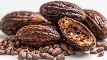 Obraz premium Cocoa pods and cocoa beans displayed against a white background, showcasing texture and natural details