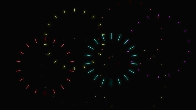 Colorful Circles bursting fireworks explosion line shape blast, night Skye firework blast, pop up loop animation on black screen background. 4k