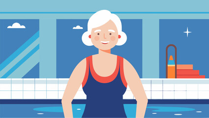 A senior woman smiling as she exits the pool after her class feeling accomplished and rejuvenated from her morning swim.. Vector illustration