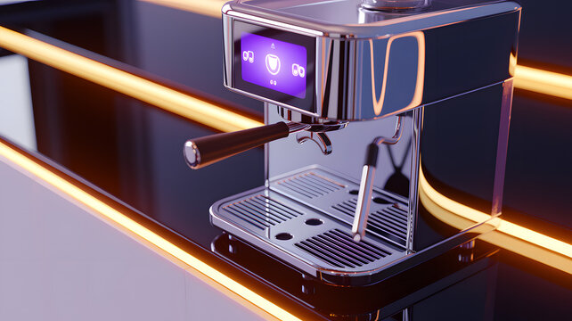 Stylish futuristic coffee machine with digital display standing on reflective glossy surface illuminated by neon lights.