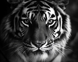 Obraz premium Monochrome Majesty: Fierce Tigre Face Captured in Striking Black-and-White Wild Mammal Imagery