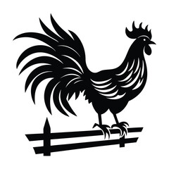 Rooster Flapping Its Wings on a Fence Silhouette on White Background