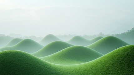 Obraz premium Misty morning landscape, rolling green hills, serene scene, background forest