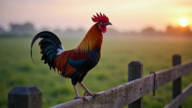 Rooster stands on a wooden fence post. The rooster is red and black with a black beak. The image has a peaceful and calm mood