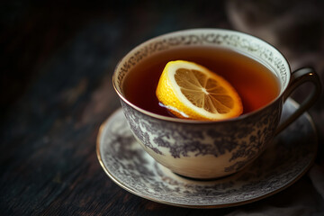 Photograph of a luxurious cup of Earl Grey tea with a twist of lemon on the rim, placed on a dark wooden surface, with soft light accentuating the rich amber color of the tea for International Tea Day