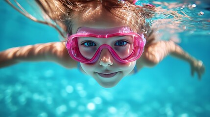 A young girl wearing pink goggles is swimming in a pool
