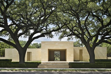 Obraz premium Beige Modern House Entrance with Lush Landscaping