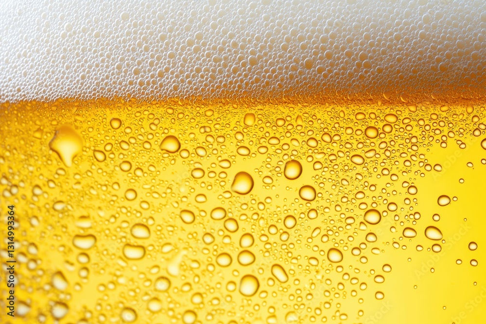 Poster macro photography showcasing a glass of cold, golden beer covered with condensation droplets and top
