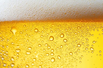 Macro photography showcasing a glass of cold, golden beer covered with condensation droplets and topped with a layer of white foam