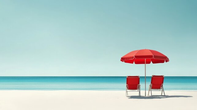 A red umbrella is on the beach next to two red chairs
