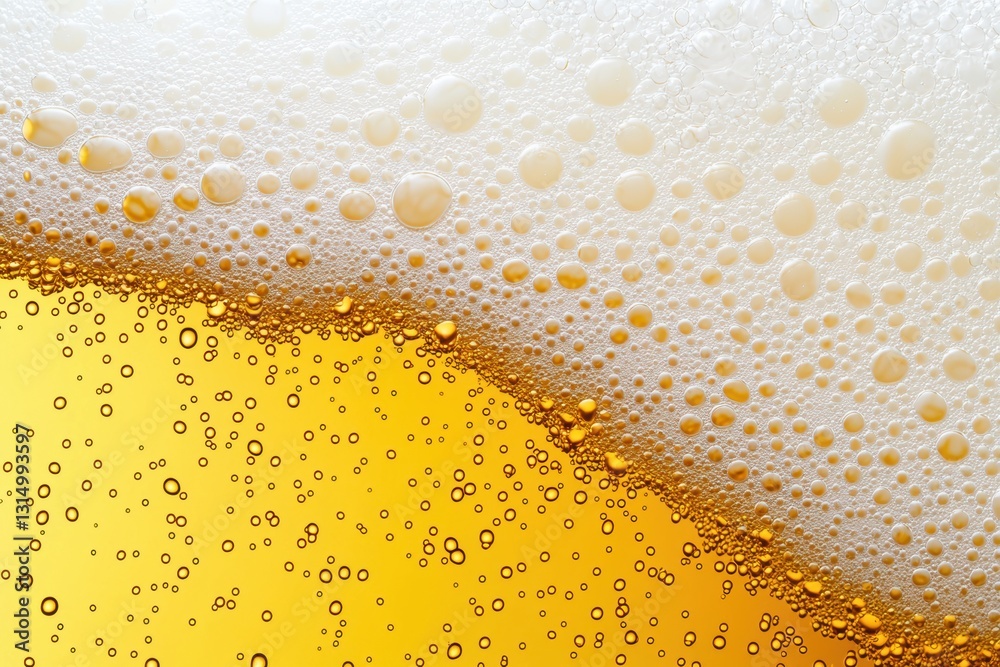 Poster refreshing golden beer with thick white foam and rising bubbles creates a captivating macro photogra