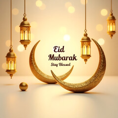 Elegant Islamic Eid Festival Card with Crescent Moon & Lanterns