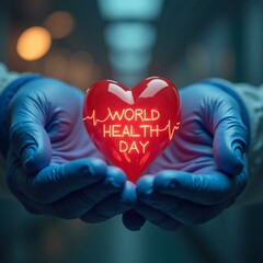 Gloved Hands Holding a Heart Symbolizing Care, Support, and Awareness for Global Health on World Health Day