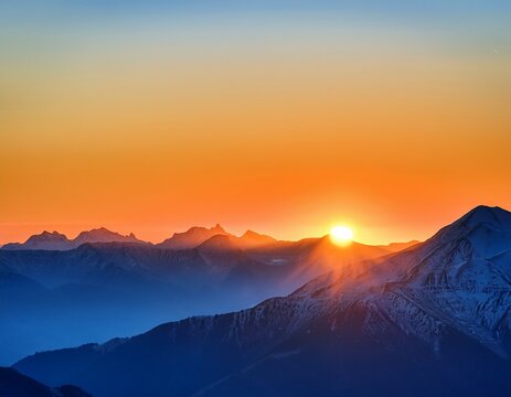 stunning mountain range under a vibrant orange sun in a clear blue sky - Powered by Adobe