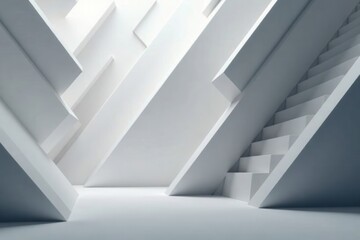Abstract White Architectural Structure with Ascending Steps and Geometric Shapes Representing Modern Design and Innovation