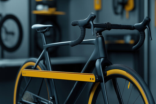 Modern bicycle with yellow accents in a sleek workshop environment