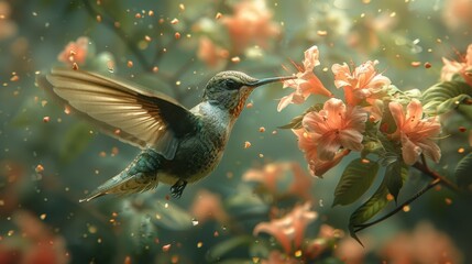 Fototapeta premium Hummingbird feeding on delicate peach blossoms. A magical moment captured in nature's embrace.