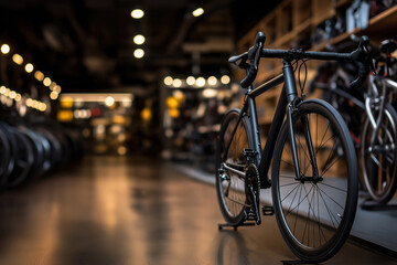 Black road bike showcased in a modern bicycle store with ambient lighting