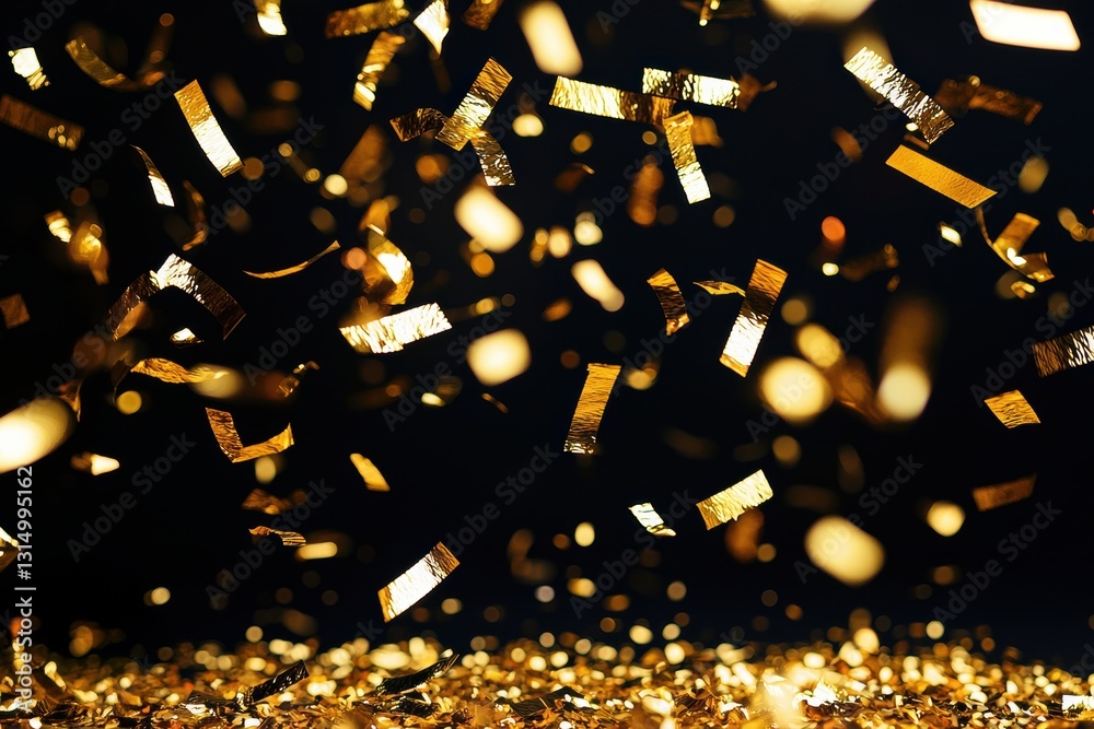 Poster golden confetti falling against a dark background with glowing bokeh lights, creating a festive and 