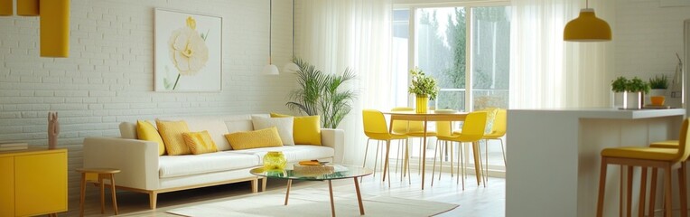 Obraz premium Bright, airy living room with yellow accents and modern furniture.