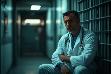 Doctor sitting on floor in prison cell corridor reflecting on medical malpractice charges, healthcare negligence and professional misconduct