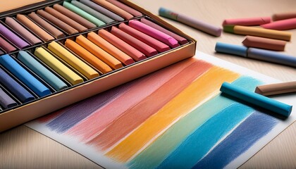 Naklejka premium a box of artists soft pastel chalk crayons lying on an art pad