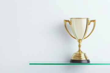 A shiny gold trophy sits elegantly on a glass shelf against a minimalist background, symbolizing achievement and success.