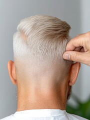 Naklejka premium Close-Up of a Man's Stylish Haircut with Focus on Neatly Trimmed Fade and Trendy Light Blonde Color