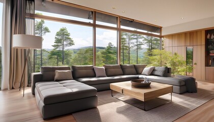 modern living room with a large l shaped sectional sofa wooden accents and floor to ceiling windows overlooking nature