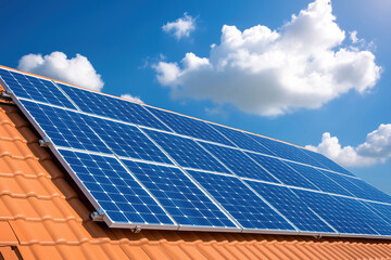 Solar panels installed on a residential roof under a clear blue sky