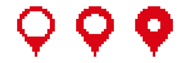 Three pixelated red map markers vary in size, showcasing an iconic digital design with a central circle.