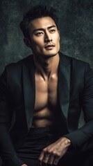 Fototapeta premium Muscular Asian Man in Black Suit Jacket