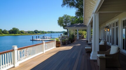 Fototapeta premium Scenic Lakefront Lifestyle: Serene Waterside Resort & Golf Club Experience with Marina and Captivating Views