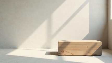 A simple wooden block sits on a light surface, bathed in the soft glow of sunlight streaming through a nearby window, creating a serene and minimalist scene.