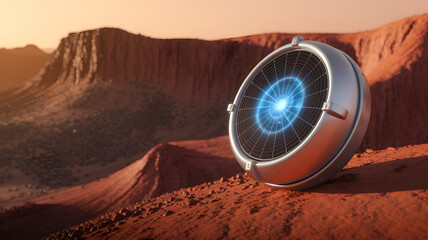 A solar panel generating energy on the surface of Mars, with a futuristic glowing element. Exploration and renewable power on the red planet.