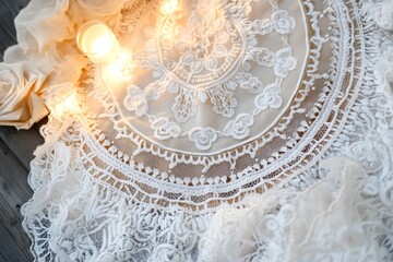 Intricate Lace Fabric with Candles and Roses on Wooden Surface