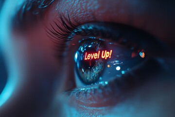 Close-up of an eye reflecting digital text that says level up in neon colors during a nighttime setting