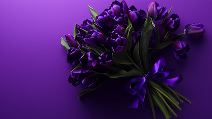 Bouquet of purple tulips is arranged on a purple background