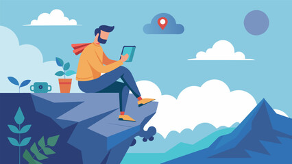 Resting on a cliff edge a digital nomad takes a break from hiking to catch up on emails using their phone and a nearby data cloud.. Vector illustration
