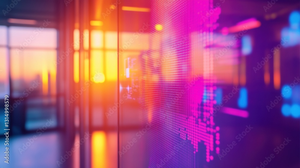 Poster Holographic security system interface with vivid data visualizations in an office with sunset lighting and alarm notifications