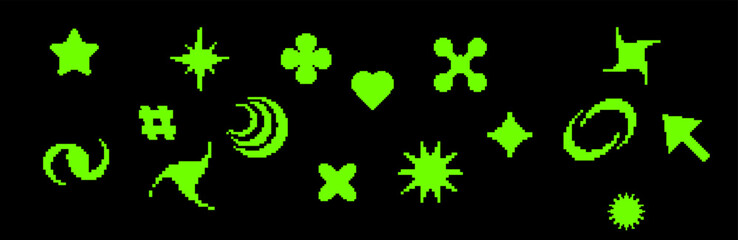 Vintage pixel set with icons such as hearts, cursors, and abstract lines, designed for retro digital themes and 90s computer game aesthetics.