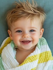 Naklejka premium Charming Happy Baby with Spiky Hair Wrapped in Soft Towel Smiling Brightly at Camera in Natural Light Indoor Setting